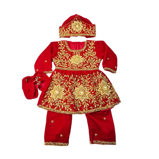 Embroider Red Velvet Pasni Dress Set Shoe Cap For Rice Feeding Ceremony For Baby Girl