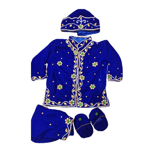 Embroider Blue Pasni Dress Set Shoe Cap For Rice Feeding Ceremony For Baby Boy