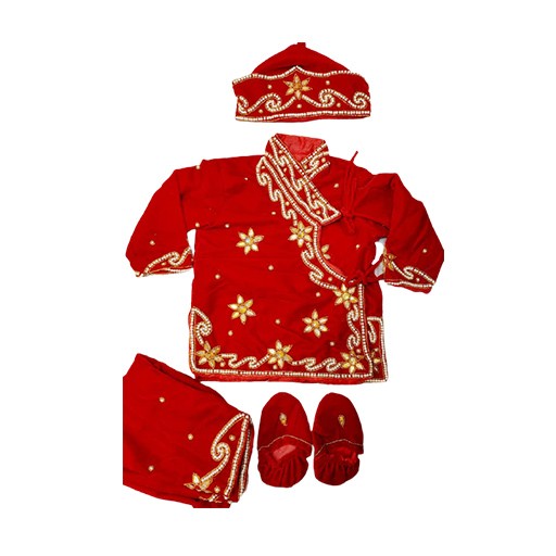Unisex Embroider Red Velvet Pasni Dress Set Shoe Cap For Rice Feeding Ceremony For Baby Girl And Boy